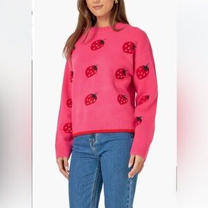 English Factory Strawberry Jacquard Crewneck Sweater, Pink and Red, Large